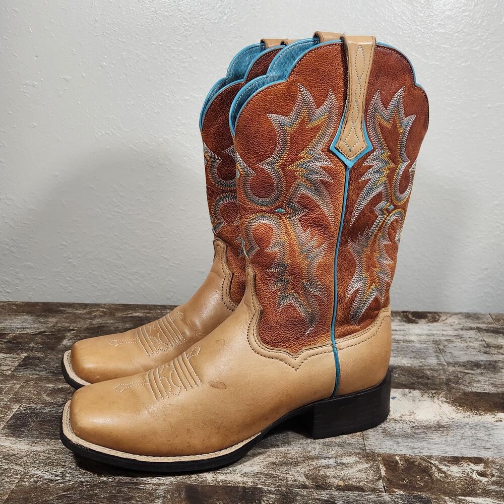 Ariat Tombstone Cowboy Boots Womens 9 B Tan Teal Leather Square Country Cowgirl - Picture 4 of 14